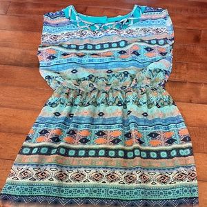 City Triangles Sleeveless Blue and Green Geometric/Aztec Printed Dress, size L